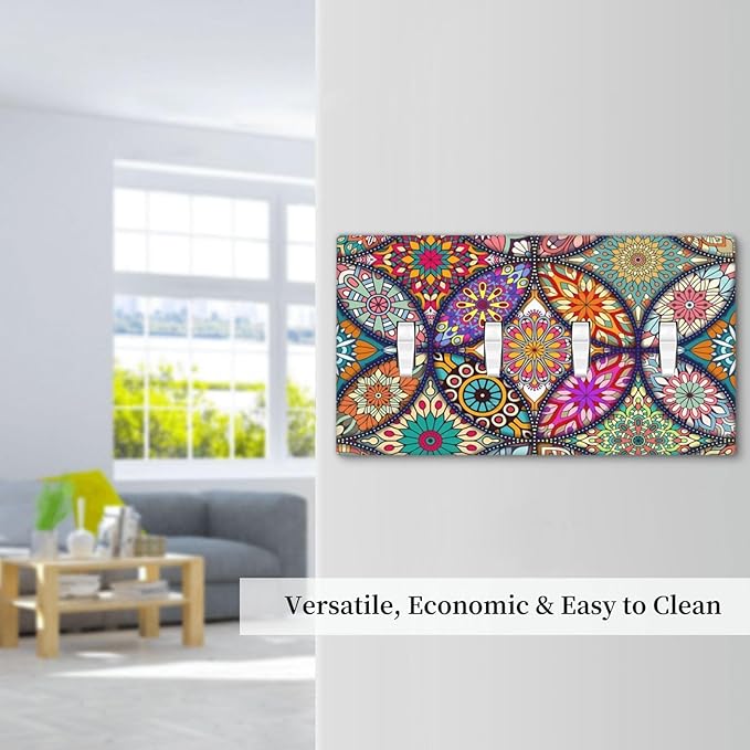 Boho Floral Pretty Colorful Mandala Flowers Light Switch Covers Quad Toggle Electrical Faceplate 4 Gang Wall Plate Decorative Switch Plates for Bedroom Living Room Decor
