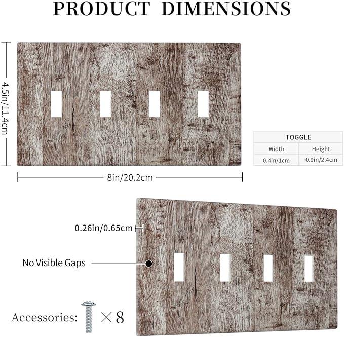 Light Switch Cover Plate Rustic Wood Grey Brown Vintage Wooden Plank 4 Gang Quad Toggle Decorative Switch Plates Wall Panels Electrical Wall Plates Faceplate for Farmhouse Home Decor
