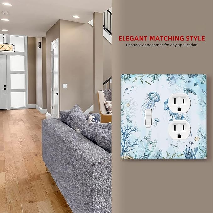 Wallplates Jellyfish Teal Blue Ocean Turtle Coastal Beach 1 Toggle 1 Duplex Switch Plate Electrical GFCI Faceplate Decorative Light Switch Covers for Bedroom Bathroom Decor