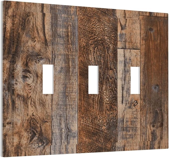 Vintage Board Rustic Brown Wood Texture Decorative Switch Plates 3 Gang Wall Plate Triple Toggle Light Switch Cover Faceplate Electrical Wall Panels for Farmhouse Home Decor