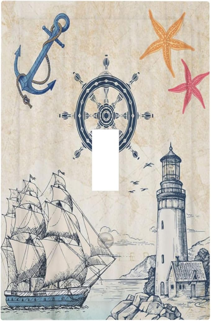 Nautical Sailboat Beach Anchor Pirate Beacon Ocean 1 Gang Light Switch Covers Decorative Single Toggle Wall Plate Switchcover Electrical Switchplate for Farmhouse Bathroom Bedroom Decor