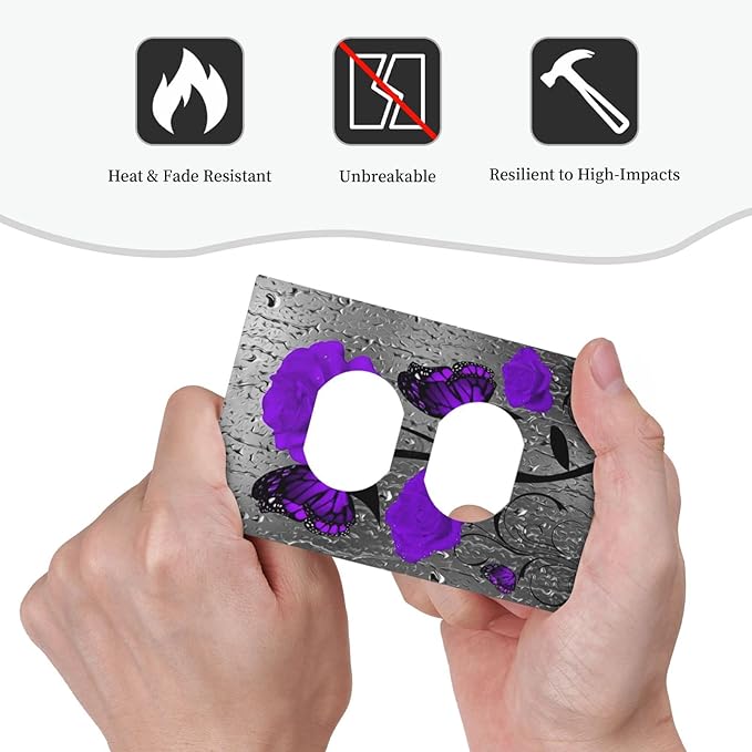 Purple Rose Butterfly Flower 1 Gang Electrical Outlet Cover Single Duplex Receptacle Jumbo Plug Wall Plate Lovers/Valentine's Day Sliver Grey Butterfly Purple Floral Room Decor Accessories Faceplate