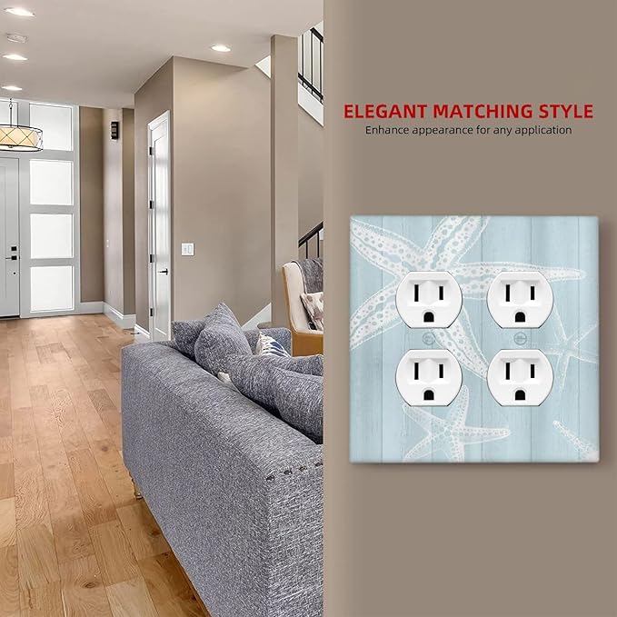 Outlet Covers Blue Wooden Plank Starfish Ocean Vintage 2 Gang Decorative Light Switch Cover Double Duplex Wall Plates Switch Plates Electrical Socket Covers for Bathroom Bedroom Decor