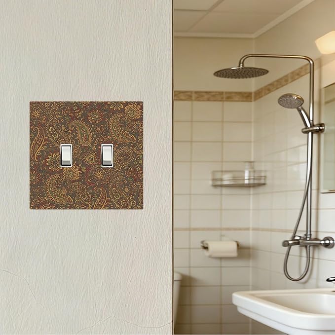 Vintage Paisley Double Toggle Switch Cover - 2-Gang Standard US Size Bohemian Boho Light Switch Covers, Autumn Tones Retro Floral for Eclectic Homes