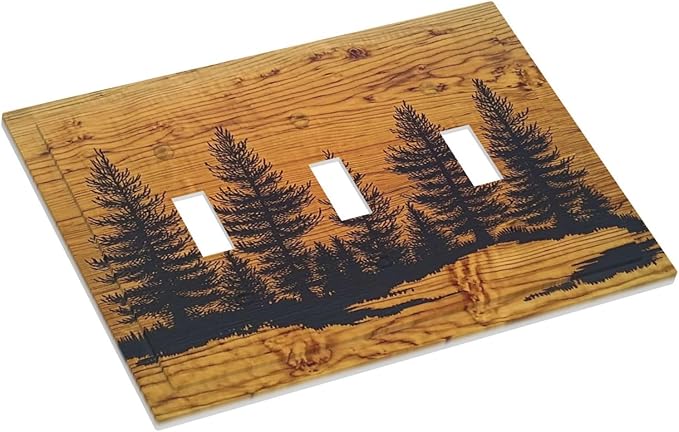 Decorative Switch Plates Forest Pine Silhouette Rustic Wood Grain 3 Gang Wall Plate Triple Toggle Light Switch Cover Faceplate Electrical Wall Panels For Farmhouse Cabin Decor