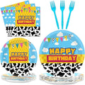 gisgfim 96 Pcs Cartoon Story Party Plates and Napkins Party Supplies Cow Pattern Blue Sky Tableware Set Cartoon Story Decorations Favors for Birthday Baby Shower for 24 Guests