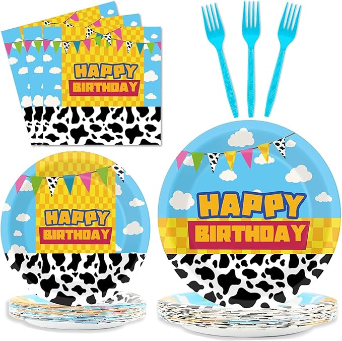 gisgfim 96 Pcs Cartoon Story Party Plates and Napkins Party Supplies Cow Pattern Blue Sky Tableware Set Cartoon Story Decorations Favors for Birthday Baby Shower for 24 Guests