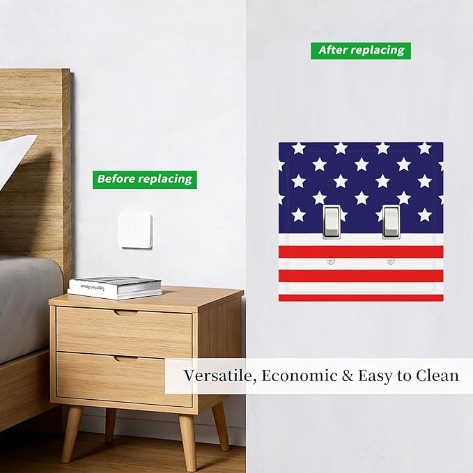 American Flag Double Toggle Switch Cover - 2-Gang Standard US Size Patriotic Stars & Stripes Light Switch Covers, 4th of July USA Pride for Holiday Decor