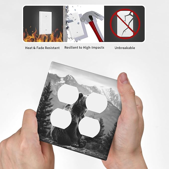 Decorative Outlet Covers Black White Bear Mountain Pine Trees Wilderness 2 Gang Decorative Switch Plate Double Duplex Wall Plates Switch Plates and Outlet Covers for Bathroom Bedroom Decor