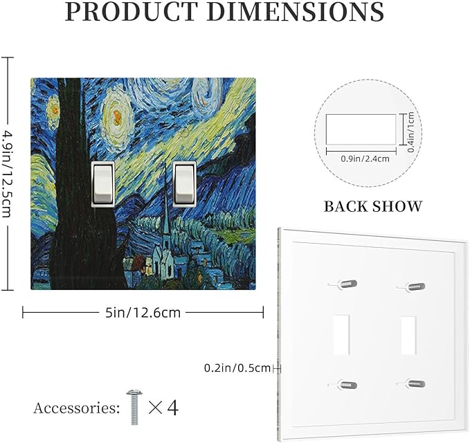 Van Gogh The Starry Night Double Toggle Switch Cover - 2-Gang Standard US Size Post-Impressionist Masterpiece Light Switch Covers, Swirling Night Sky for Living Room Decor