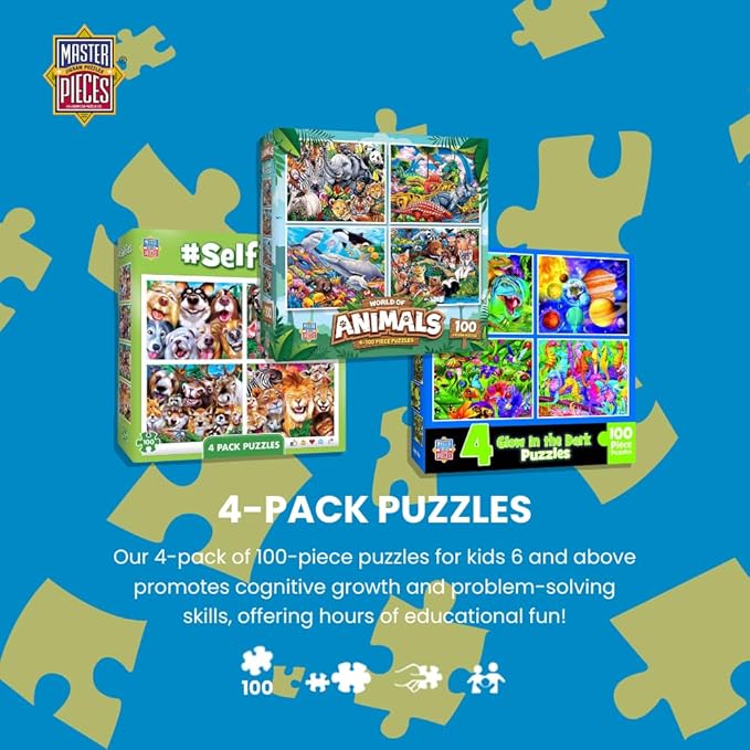MasterPieces Jigsaw Puzzle Set for Kids, 4-Pack of 100 Piece Puzzles, Educational Animal Theme, Fun Game, Gift Idea, 8" x 10"