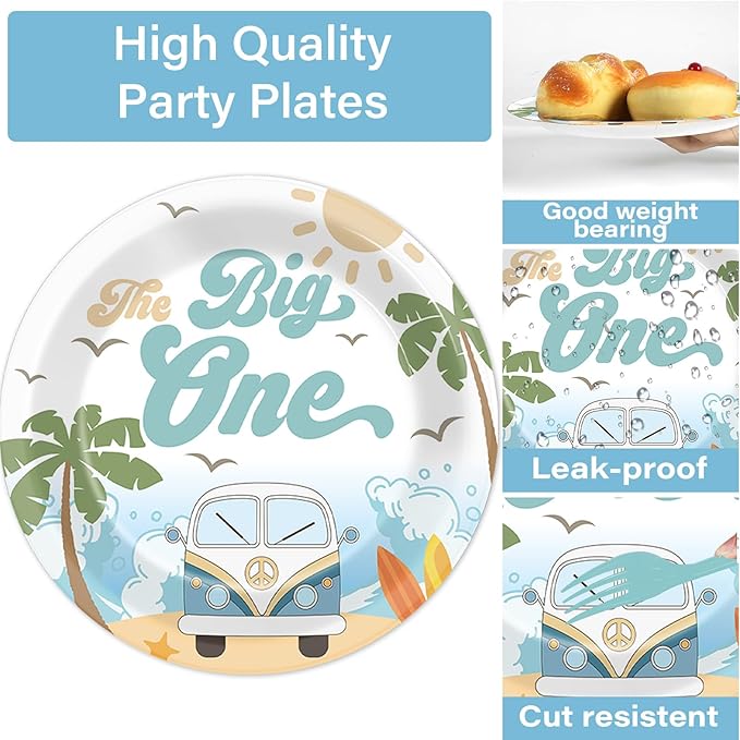 200pcs Summer Beach The Big One Party Plates Napkins Boy Surfing First Birthday Tableware Set Hawaiian Palm Tree Cake Dessert Disposable Dinnerware Retro Wave Decor for Baby Shower Supplies Serves 50