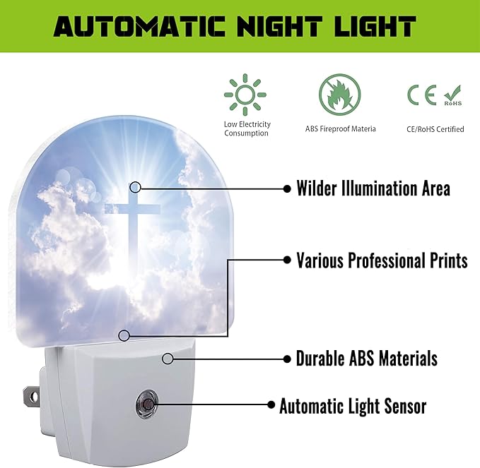 Shining Cross on Blue Sky Night Light for Kids,Christian Cross and Clouds Plug in Night Light with Dusk to Dawn Sensor, 0.5w Energy Saving Nightlight for Hallway Stairway Kitchen Bedroom
