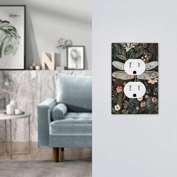 Vintage Dark Green Dragonfly Flowers Floral Botanical Outlet Covers 1 Gang Duplex Light Switch Cover Decorative Switch Plates Electrical Receptacle Faceplate Wall Plate for Farmhouse Home Decor