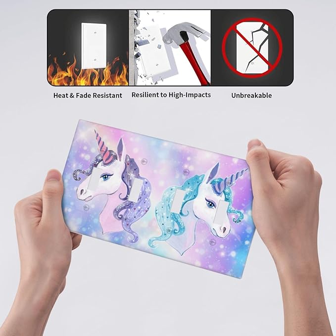 Girl Purple Pink Rainbow Blue Unicorn Decorative 4 Gang Quad Toggle Light Switch Cover Electric Large Size Quadruple Faceplate Decorative Switch Face Wallplate
