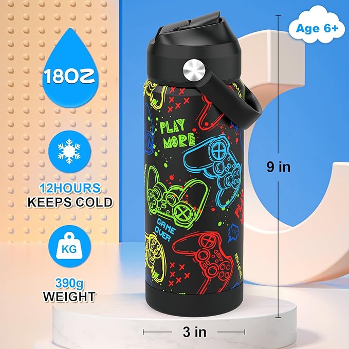 Boys Water Bottle with Straw,18 oz Kids Insulated Cups with Stainless Steel Leak Proof for School,Sport&Travel（Game）