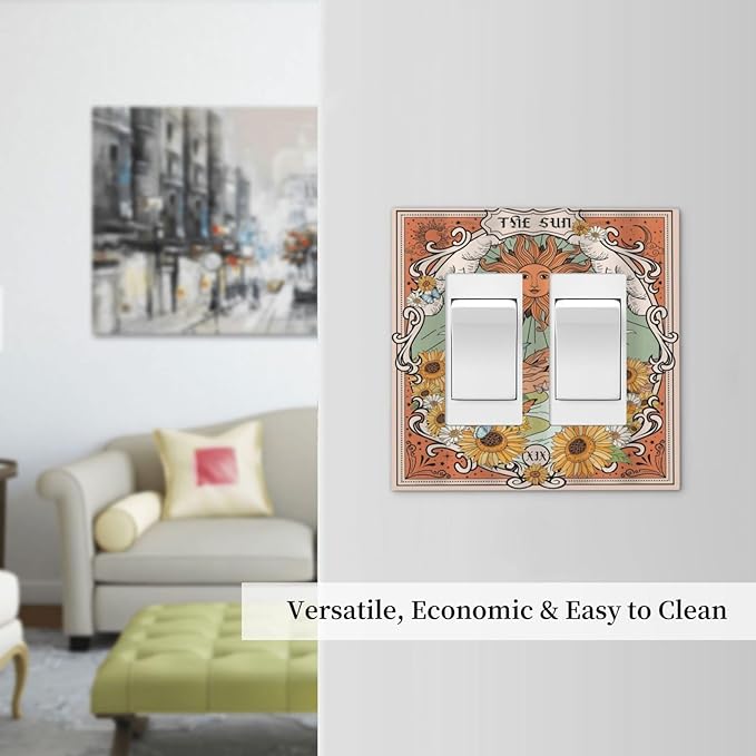 Boho Retro Sun Sunflower Vintage Flower Butterfly Decorative Outlet Covers 2 Gang Double GFCI Rocker Electrical Wall Panels Light Switch Cover Plate for Farmhouse Home Decor
