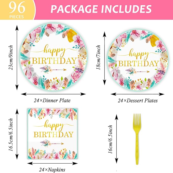 Tevxj 96 Pieces Happy Birthday Party Plates Napkins Boho Decorations Gold Metallic Tableware for Boys and Girls Happy Birthday Dessert Plates Napkins Forks for 24 Guests Party Supplies Favor