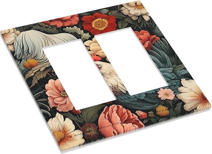 Decorative Outlet Covers Rooster Flowers Red White Chicken Floral 2 Gang Double GFCI Rocker Electrical Wall Panels Light Switch Cover Plate for living Room Farmhouse Decor