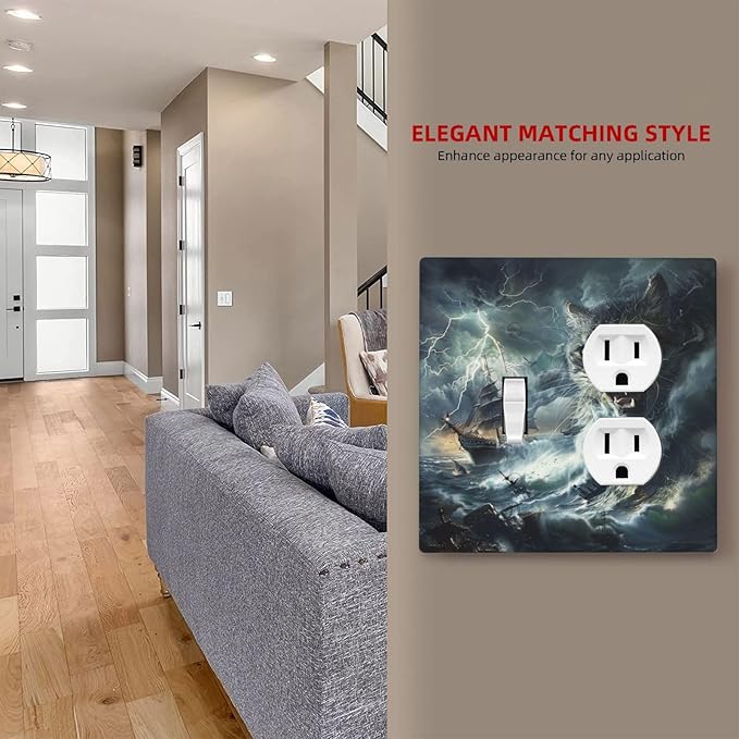 Light Switch Cover Plate funny Cat Stormy sea Lightning Sailboats 2 Gang Decorative Switch Plates 1 Toggle Duplex Combo Outlet Covers GFCI Wall Plates for Bathroom Kid Room Decor