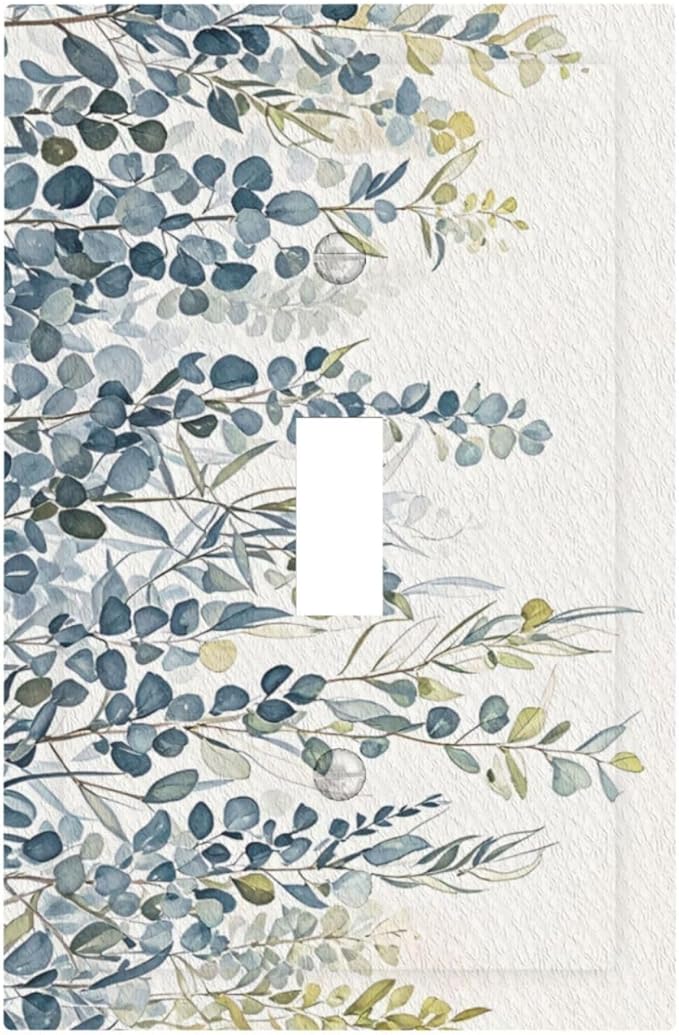 Decorative Switch Cover Plate with Green & Blue Watercolor Eucalyptus Botanical Foliage Design Single Gang Toggle Switch Plate Light Switch Covers Artistic Faceplate for Living Room Decor