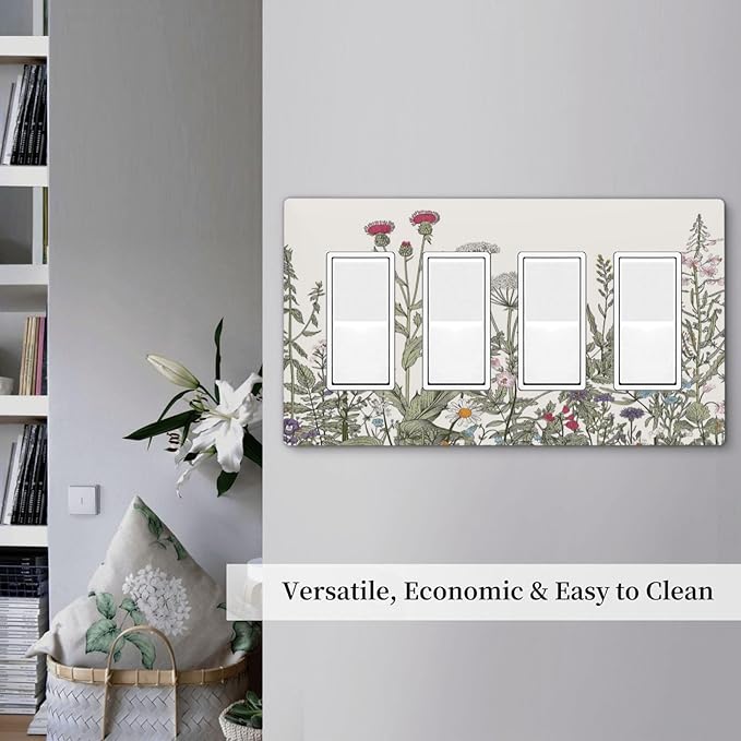 Vintage Colorful Wild Flower Floral 4 Gang Quad Rocker/GFCI/Decorator Light Switch Cover Plate Decorative Electric Faceplate Decorative Switchplate Screwless