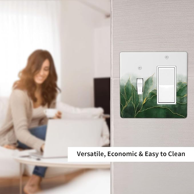 Outlet Covers Green Gold Leaf Marble Modern Abstract 2 Gang Combo Light Switch Cover Plate Toggle Rocker Wallplates Decorative Switch Plates and Outlet Covers for Kitchen Bathroom Decor