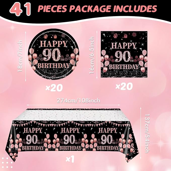 41Pcs 90th Birthday Decorations for Women, Vintage 90 Birthday Black and Rose Gold Disposable Paper Plates and Napkins Party Supplies for 20 Guests, 41Pcs Include 7" Plates Napkins and Tablecloth