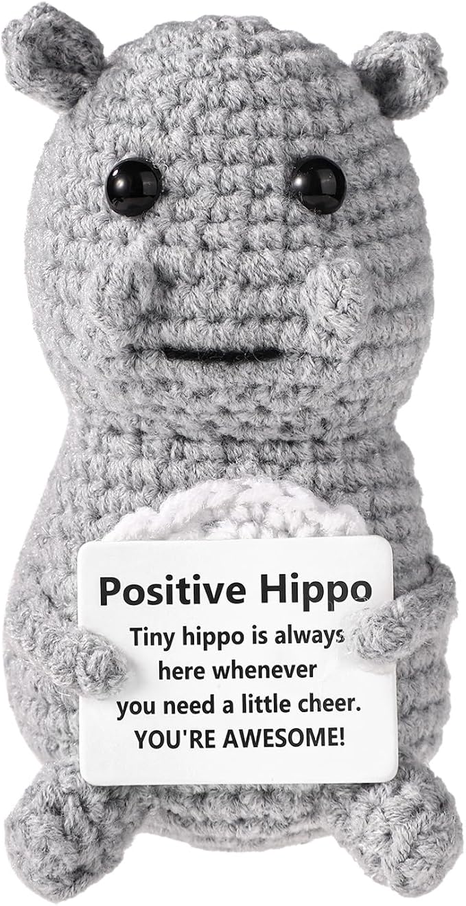 TOYMIS Positive Hippo, Emotional Knitted Positive Support Crochet Animal Doll with Positive Message Crocheted Hippo Potato Gift for Inspirational Gift Home Office Car Decor(Grey)