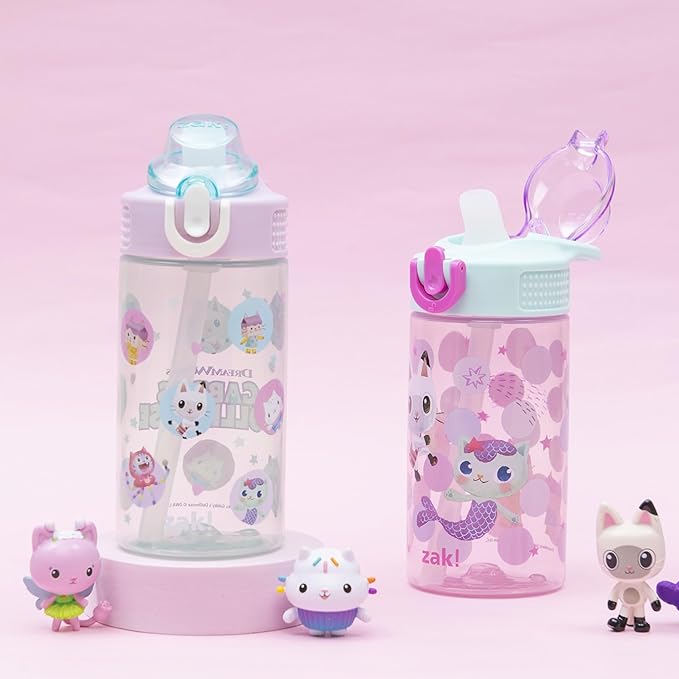 Zak Designs DreamWorks Gabby's Dollhouse Sage Kids Water Bottle For School or Travel, 16oz Durable Plastic Water Bottle With Straw and Leak-Proof, Pop-Up Spout Cover, 2-Pack Set (The Gabby Cats)