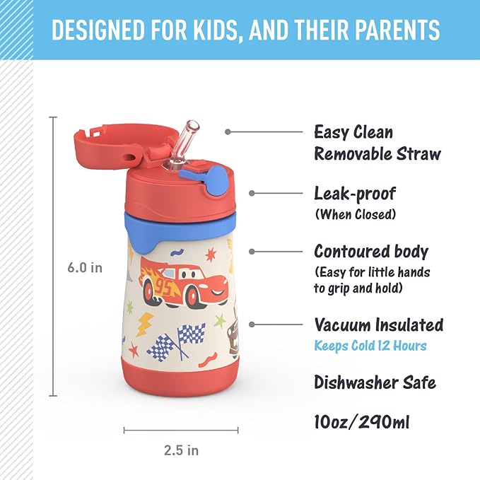 Thermos Baby 10 oz. Stainless Steel Bottle with pop-up straw, Cars