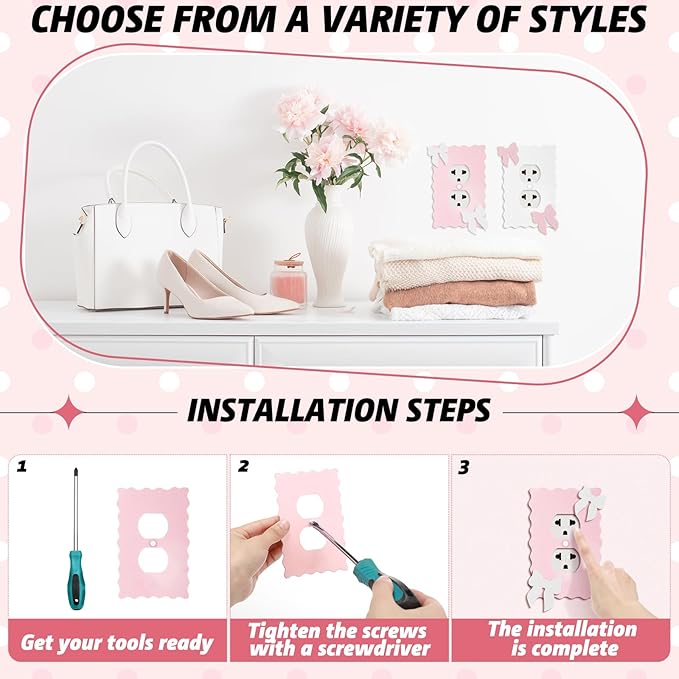 Relaxweex 2 Pcs Pink Bow Light Switch Cover Wall Plate Room Decor Metal Toggle Pink and White Cute Decorative Outlet Cover for Bedroom Home Decor (Round Hole)