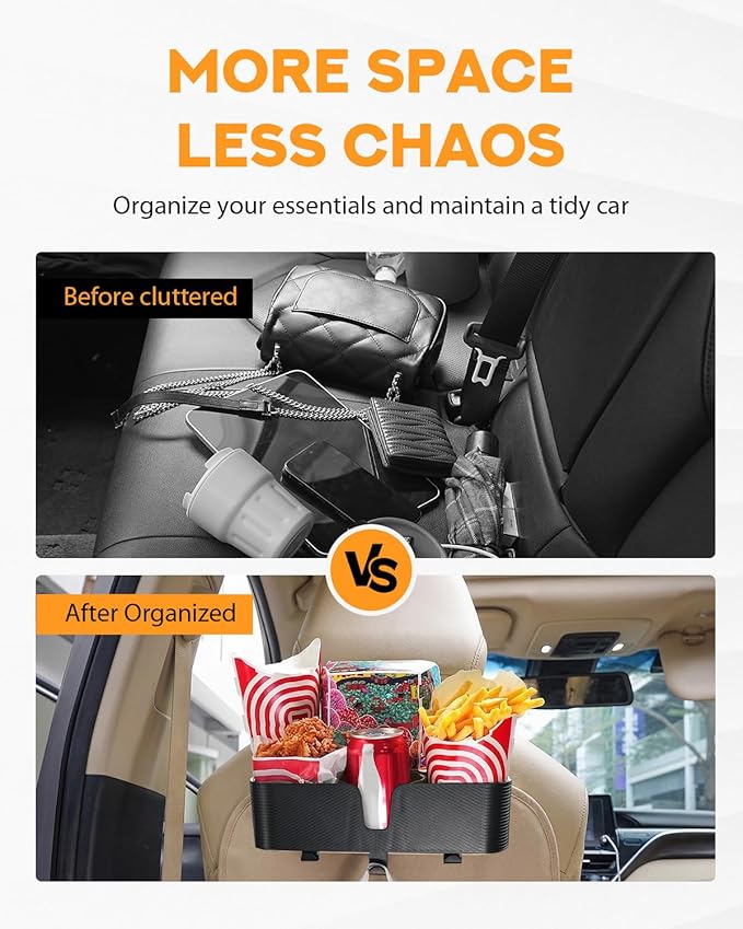 PBYMT 3 in 1 Car Headrest Backseat Organizer with 3.7" Cup Holder & Hooks, Seat Back Organizer Storage for Travel Accessories, Perfect for Kids, Road Trips, SUV, Truck - 2PCS