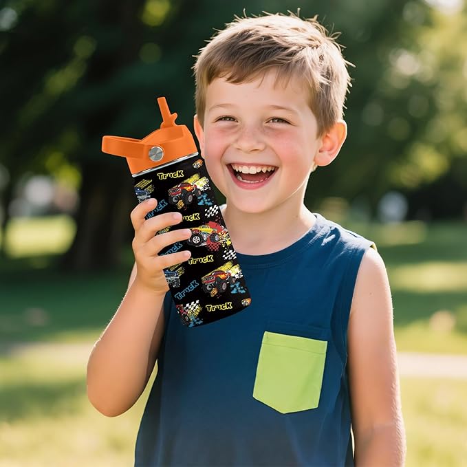 Truck Gifts for Kids, 16oz Monster Truck Water Bottle with Straw Lid, BPA-Free, Leak Proof Stainless Steel Insulated Bottle for Boys, Girls, School - Trucks Lovers Children Birthday Gifts Cup (1pc)