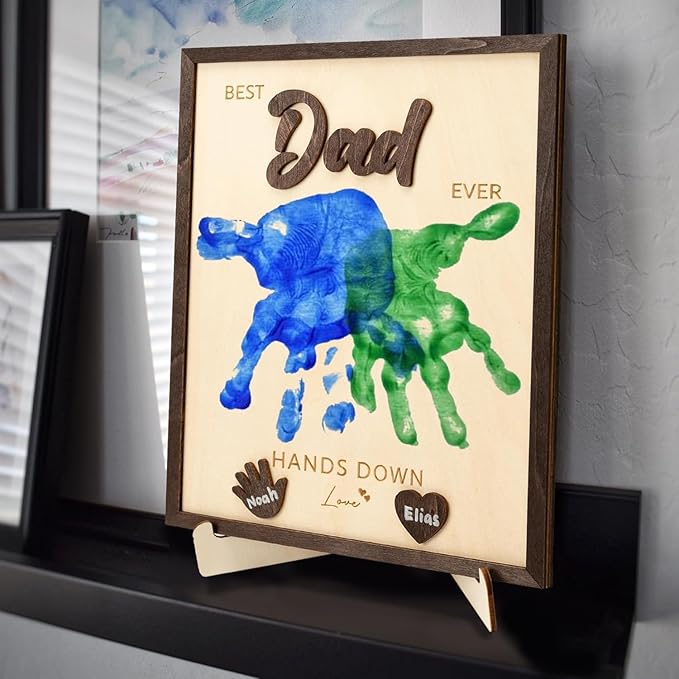 NELXI Best Dad Ever Gifts - Personalized Wooden Handprint Keepsake Frame, DIY Handprint Kit for Kids, Meaningful Family Decor and Sentimental Gift for Dad, Grandparents from Children