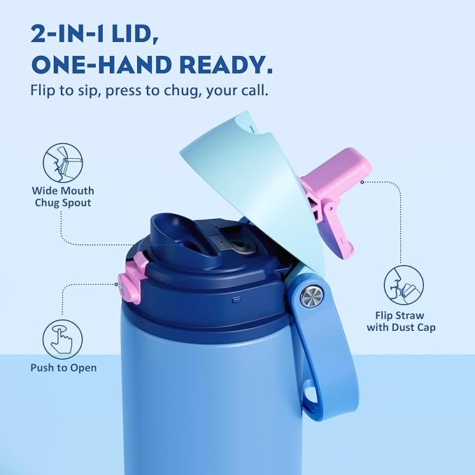 POWCAN 18 oz Metal Sports Water Bottle: 2-in-1 Push-Button Spout & Quick-Flip Straw, Leakproof, Cold 24Hrs, Lockable, Fits Car Cup Holder, Insulated Steel Cup for School, Hiking, Gift (Ohana Blue)