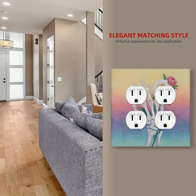 Skeleton Flower Double Duplex Receptacle Outlet Cover Wall Plate Decorative 2 Gang Light Switch Covers Electrical Switchplate Home Decorate Faceplat for Bathroom Bedroom Kitchen Room 4.5 x 4.5 Inch