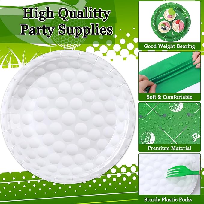 Qyeahkj 100 Pcs Golf Party Supplies Golf Ball Disposable Plates and Napkins Set Green White Sports Themed Paper Plates Dinnerware Kit for Sports Birthday Baby Shower Party Decorations Favors Serve 25