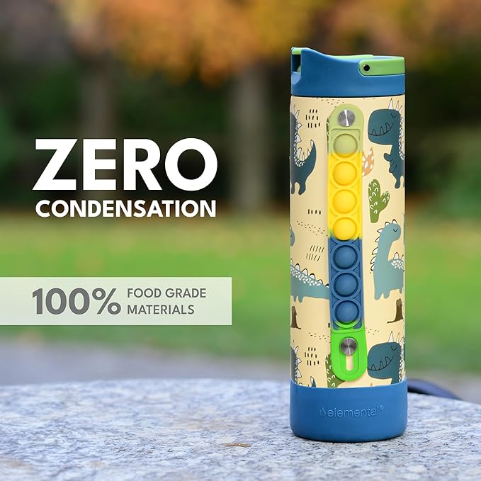 Elemental Iconic Kids Water Bottle for School - 100% Leak-Proof Insulated Water Bottles with Straw Lid & Pop-It Handle for Boys & Girls - Triple-Wall Insulated & BPA-Free, 20oz – Dinosaur
