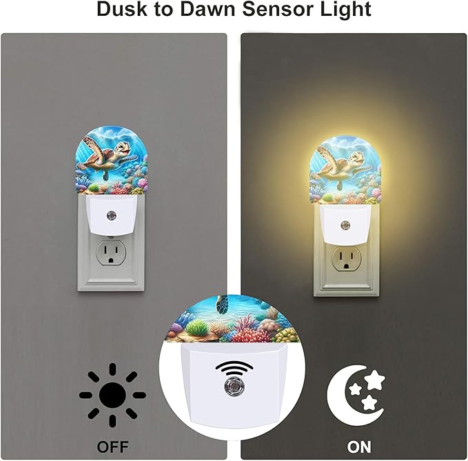 Cute Sea Turtle Night Light for Kids,Smile Turtle and Colorful Corals Plug in Night Light with Dusk to Dawn Sensor, 0.5w Energy Saving Nightlight for Hallway Stairway Kitchen Bedroom