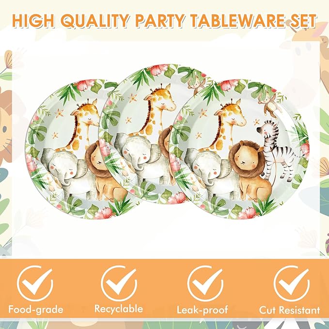 40PCS Jungle Safari Birthday Decorations Disposable Tableware Set Safari Jungle Themed Party Dessert Plates, Napkins Baby Shower Animal Birthday Party Decorations for Boys Girls