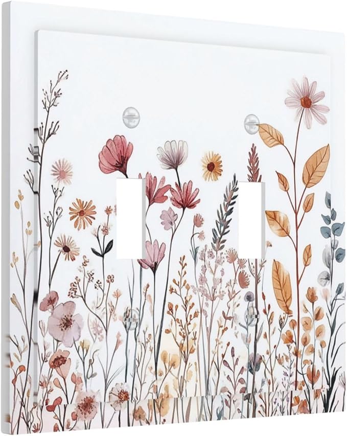 Decorative Switch Plates Spring Floral Pink Wildflower Leaves Plants 2 Gang Double Toggle Outlet Light Switch Cover Wall Plate Electrical Faceplate For Home Bed Room Decor