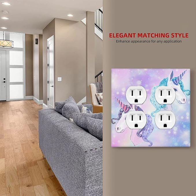 Lovely Fantasy Kid Girl 2-Gang Device Duplex Wall Plate, Cute Funny Cartoon Colorful Rainbow Purple/Blue Unicorn Decorative Two Gang Double Duplex Receptacle Socket Outlet and Light Switch Cover Plate