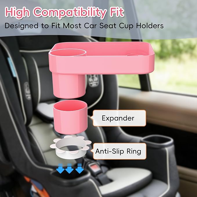 Kids Car Seat Tray, Travel Tray with Cup Holder for Toddler Baby, Kids Car Seat Food Snack Organizer for Road Trip, Stroller Snack Organizer Travel Must Haves Toddler Must Haves (Pink, 2 Packs)