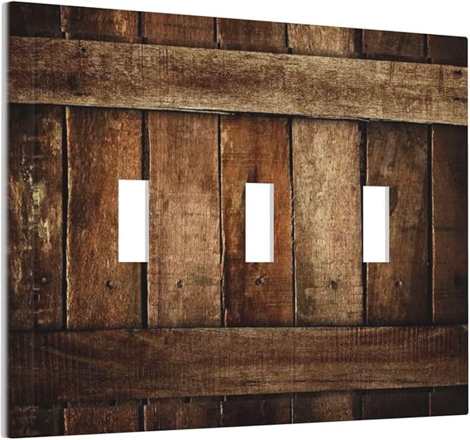 Brown Wooden Barn Door Old Wood Print Decorative Switch Plates 3 Gang Wall Plate Triple Toggle Light Switch Cover Faceplate Electrical Wall Panels for Farmhouse Home Decor