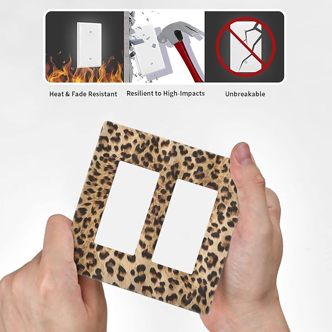 Classic Leopard 2 Gang Double Rocker/Decor Light Switch Cover Decorative Outlet Wall Plate Electrical Faceplate Home Bedroom Art Panel Decor Screwless 4.7" x 4.6