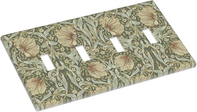 William Morris Pimpernel Flowers Quad Toggle Light Switch Cover Vintage Floral Green Botanical 4 Gang Wall Plate Decorative Electrical Switchplates Covers for Country Bedroom Home Décor