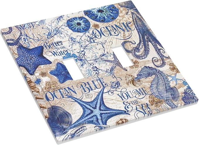 Decorative Switch Plates Vintage Sea Blue Seahorse Starfish Octopus 2 Gang Double Toggle Outlet Light Switch Cover Wall Plate Electrical Faceplate For Kids Room Home Decor
