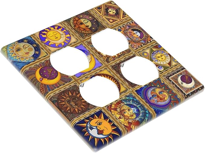 Mexican Talavera Tiles Star Pattern Celestials Theme Print Outlet Covers 2 Gang Double Duplex Decorative Light Switch Covers Electrical Wallplates Socket Faceplate for Kitchen Home Decor