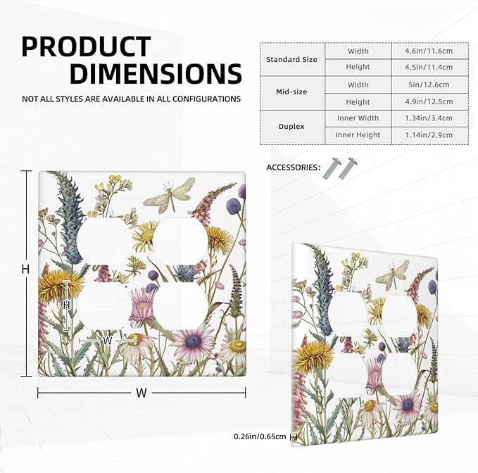Decorative Outlet Covers Botanical Wildflowers Dragonfly Colorful Floral 2 Gang Decorative Switch Plate Double Duplex Wall Plates Switch Plates and Outlet Covers for Bathroom Bedroom Decor